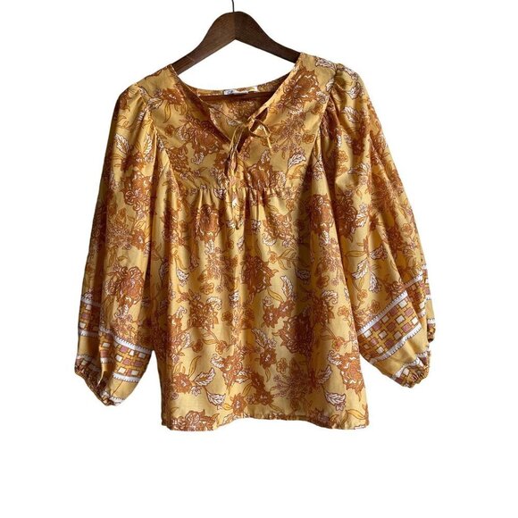 C&C California Mustard Yellow Floral 100% Cotton Peasant Top Tie Neck Size Large - Picture 3 of 12